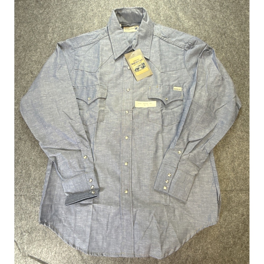 Roebucks Genuine Western Shirt Mens Size L Pearl Snap Blue NOS Chambray 70's